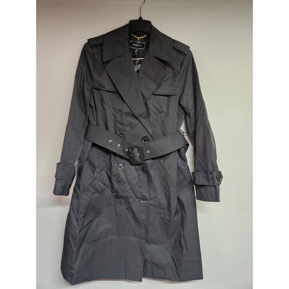 BCBGMAXAZRIA Black Trench rain Coat Belted Double Breasted Women's Size small